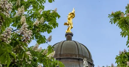 Dome of the historic southern commune with a figure on the dome, chestnut trees in bloom at the lower edge