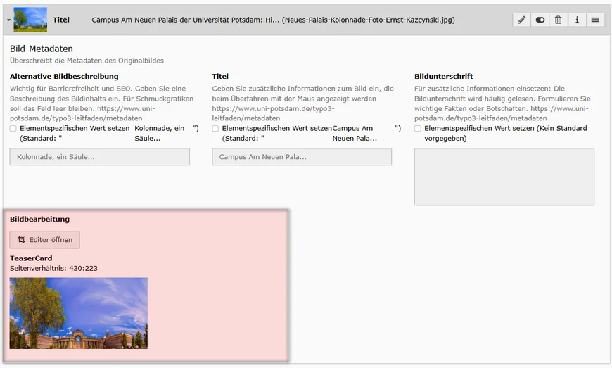 Im Punkt "Bildbearbeitung" können Sie den gewünschten Bildausschnitt direkt im TYPO3-System bestimmen.