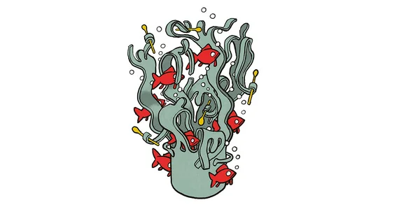 Comic-style illustration: a pot with a rim that transforms into moving, seaweed-like structures. The structures hold a few tablespoons. In a striking colour contrast, bright red fish and air bubbles float through the pale green ‘seaweed’.