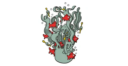 Illustration im Comic-Design: Ein Kopftopf, der am oberen Rand zu algenähnlichen bewegten Strukturen wird. Die Strukuren halten vereinzelt Esslöffel. In farblichem Kontrast schwimmen durch die blassgrünen "Algen" knallrote Fische und Luftbläschen.