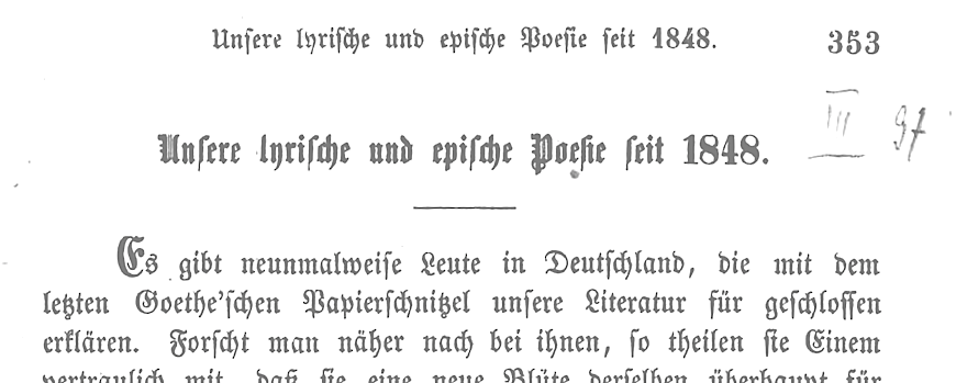 Ausschnitt aus dem Erstdruck von Fontanes Aufsatz Unsere lyrische und epische Poesie 1848