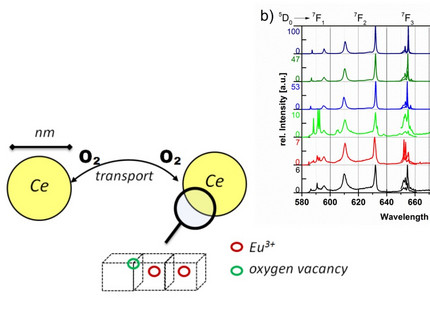 Beweglichkeit von Sauerstoff im Ceroxid-Gitter (rechts) und hochaufgelösten Lumineszenzspektren von Europium in unterschiedlichen Ceroxid-Phasen.
