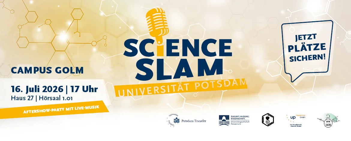 Schriftzug Science Slam auf goldenen Hintergrund mit Mikrofon Icon - 