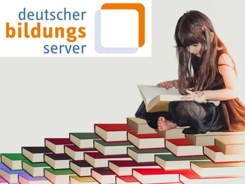 Oben links: Logo des Deutschen Bildungsservers, Bild: Mädchen oben rechts sitzt auf Treppe aus Büchern und liest in einem Buch