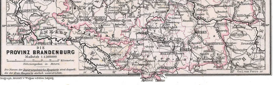 Ausschnitt Provinz Brandenburg 1905 mit der Lage von Cottbus