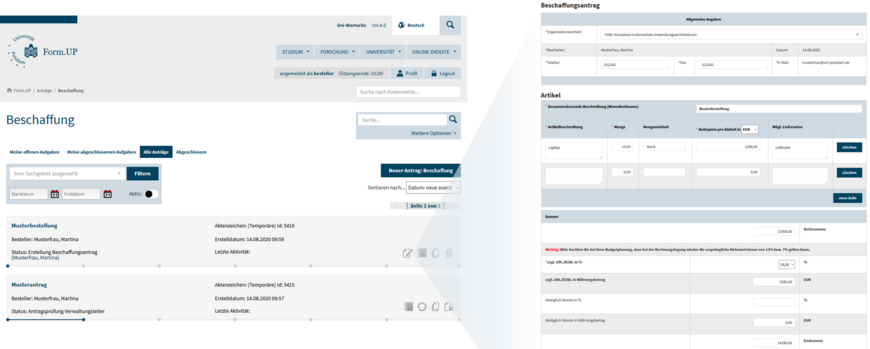 Antragsübersicht und Formularübersicht in Form.UP