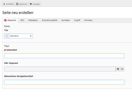 Formular zum Anlegen einer neuen Seite