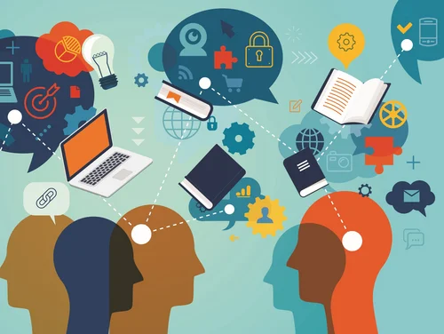 Graphic representation of heads looking at each other, above symbolizing thoughts and work processes
