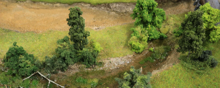 floodplain model: inundated oxbow with trees and bushes