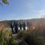 Enjoying the nearby lake.