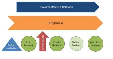 Schema Sprachlernberatung: farbige Pfeile, Dreiecke und Kreise, die die Struktur eines Beratungsprozesses zeigen
