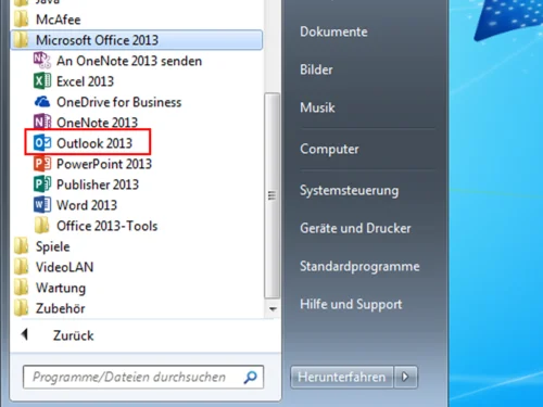 Outlook Start aus dem Stratmenü