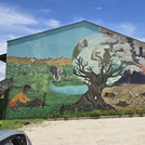 Auf einem Wandbild, dass die gesamte Seite eines großen Hauses einnimmt, ist auf der linken Seite eine intakte, grüne Natur mit einem simbabwischen Kind und Elefanten zu sehen. In der Mitte ist ein Baum, der in seiner Krone die Erdkugel zu umfassend scheint. Rechts sind brennende und qualmende Autreiffen, ausgedörrte Erde und Baumstümpfe in einer giftig aussehenden Landschaft zu sehen.