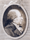 Ovaler Kupferstich, Mann mit schütterem Haar, Kleidung des 18. Jahrhunderts.