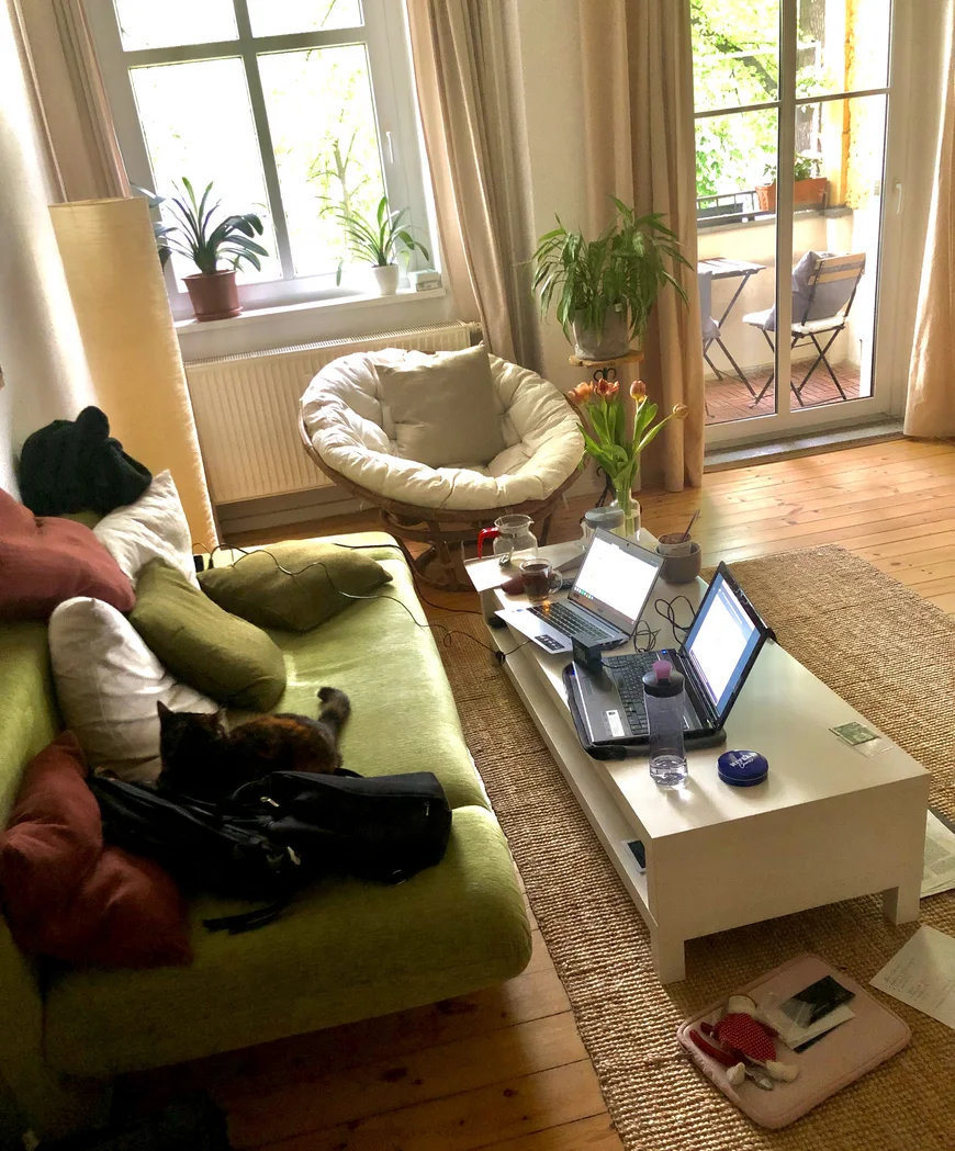 Wohnzimmer. links grüne Couch, Kissen und schwarze KAsse. Auf dem Couchtisch 2 Laptopos und Teekanne, man sieht noch die Balkontür