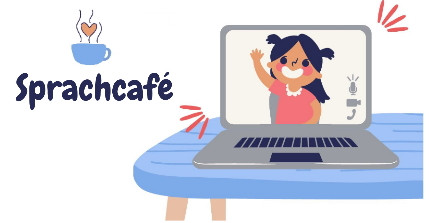 Sprachcafé-Schriftzug und Laptop im Comic-Style