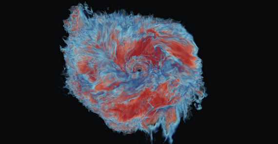 Numerical simulation of the ejected material from two merging neutron stars.