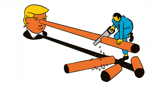 Symbolic image: The bust of a person with orange complexion and a striking blow-dried men's hairstyle forms a long nose, comparable to the character Pinocchio. A person is sawing at this wooden nose with a saw. Various parts of the nose have already been removed and lie on the ground like logs.