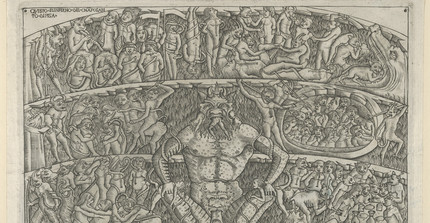 The Inferno according to Dante; in the centre Lucifer who holds damned souls and in his talons seven kings, surrounded by damned souls being tortured by devils, after a fresco in the Campo Santo, Pisa MET DP854077
