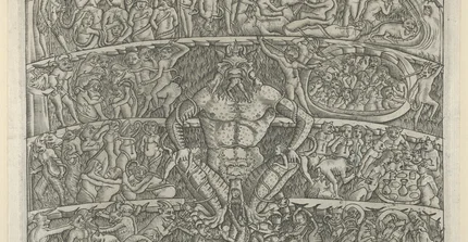 The Inferno according to Dante; in the centre Lucifer who holds damned souls and in his talons seven kings, surrounded by damned souls being tortured by devils, after a fresco in the Campo Santo, Pisa MET DP854077