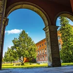 Blick auf den blauen Himmel und grüne Bäume aus einem Gebäude am Campus Griebnitzsee.