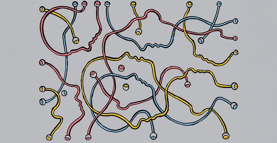 Illustration on a grey background. Many different cables form the outlines of human profiles. The ends resemble eyeballs and represent these in the faces in profile.