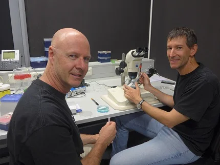 Prof. Dr. Brent Derry im Labor mit Prof. Dr. Salim Seyfried