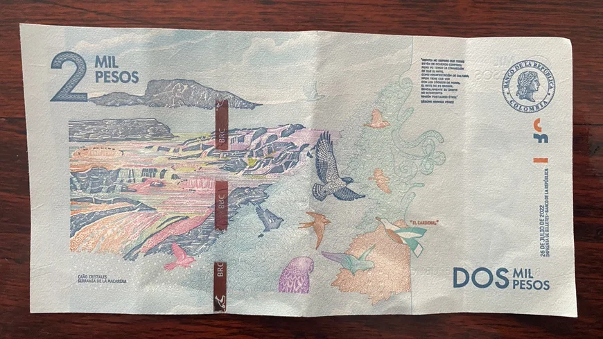 Foto von Banknote zwei PESOS mit Bild von Caño Cristales