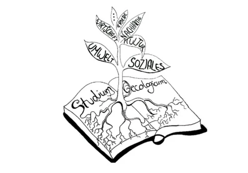 Logo of Studium oecologicum (tree with leaves of sustainable words, growing out of a book)