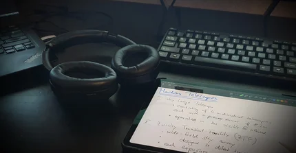 desk with tablet in front of PC screen