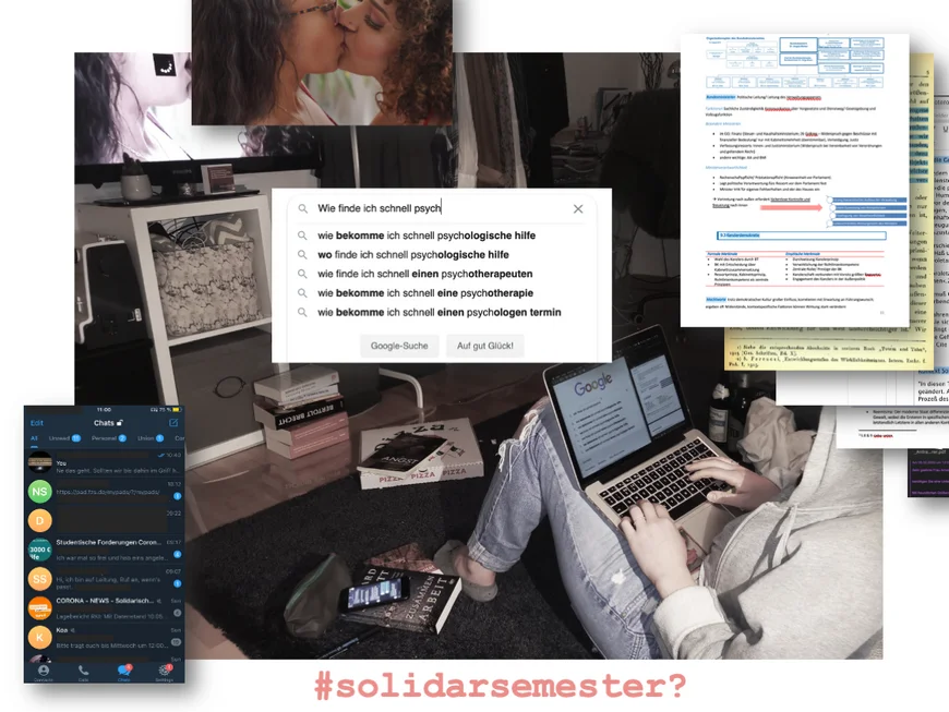 Studentin hockt mit Laptop vor dem Fernseher. Es läuft ein Porno. Neben ihr das Handy mit Chats auf dem Buch "Zusammen arbeiten" von Richard Sennet. Sie googlet nachpsychologischer Hilfe in einem der Fenster, im anderen Lernmaterialien.Im Hintergrund BIer und Pizza und ein Buch mit Titel "Angst"