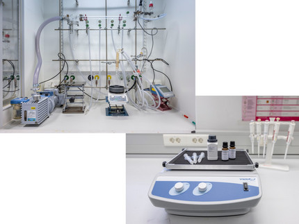 Hood with vacuum/inert gas line, pump, magnetic stirrer and shaker with syringes and reagents for solid phase peptide synthesis