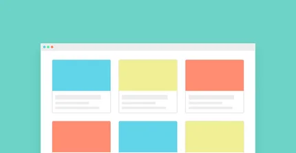 Visualisieren Sie einen hellen, mintgrünen Hintergrund, der den oberen Teil des Bildes ausfüllt. Davor, zentral platziert, befindet sich ein großes, weißes Browserfenster oder eine Anwendungsoberfläche, die den größten Teil des unteren Bildes einnimmt. In diesem weißen Fenster sind mehrere rechteckige "Karten" oder "Blöcke" angeordnet, die Berichte darstellen. Sie sind wie Kacheln in zwei Reihen und drei Spalten angelegt. Jede dieser Kacheln hat oben eine große, farbige Fläche – in den Farben Hellblau, Hellgelb und einem sanften Rot-Orange – und darunter zwei bis drei kurze, graue Linien, die Text oder Zusammenfassungen simulieren. Es sieht aus wie eine übersichtliche Darstellung von verschiedenen Berichten oder Inhalten, die visuell ansprechend und leicht zu überblicken sind.