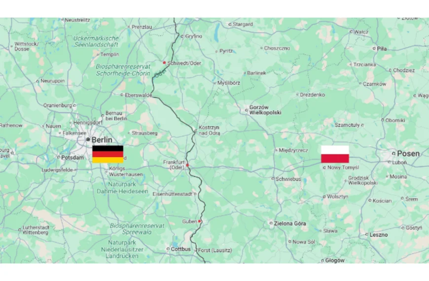 Karte von Teilen Brandenburgs sowie Westpolens. Die Deutsche und Polnische Flagge sind neben den Städten Berlin und Posen eingeblendet.