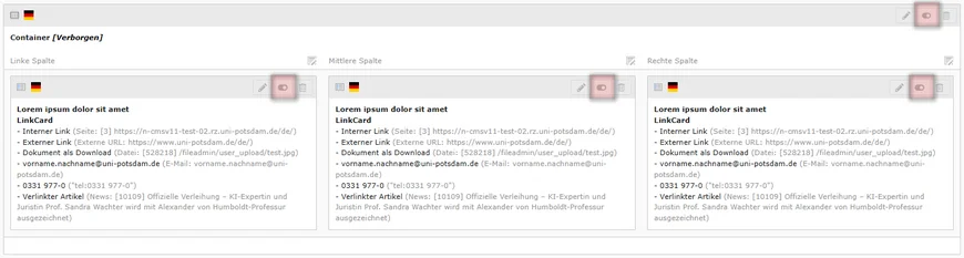 Link-Karten im Container korrekt positionieren und aktiv schalten.