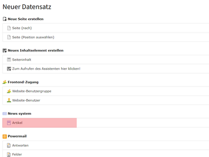 Artikel als Datensatz auswählen