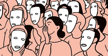 Digitale Zeichnung mit einfachen Linien und Farben: Blick in eine Menge von Menschen. Alle bis auf eine Person in der Mitte tragen weiße simple Masken. Sie flüstert hinter vorgehaltener Hand. Viele scheinen ihr zuzuhören.