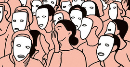 Digitale Zeichnung mit einfachen Linien und Farben: Blick in eine Menge von Menschen. Alle bis auf eine Person in der Mitte tragen weiße simple Masken. Sie flüstert hinter vorgehaltener Hand. Viele scheinen ihr zuzuhören.