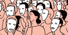 Digital drawing with simple lines and colours: view of a crowd of people. All but one person in the middle are wearing simple white masks. She is whispering behind her hand. Many seem to be listening to her.