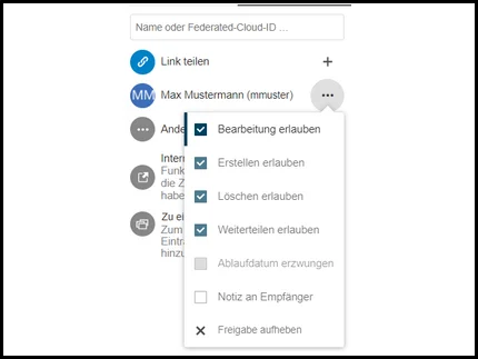 Berechtigungsoptionen im Teilen-Menü in Box.UP