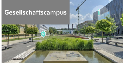 Text: Gesellschaftscampus, Bild: Personengruppe am Campus Golm