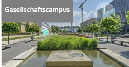 Text: Gesellschaftscampus, Bild: Personengruppe am Campus Golm