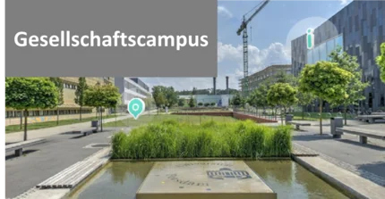 Text: Gesellschaftscampus, Bild: Personengruppe am Campus Golm