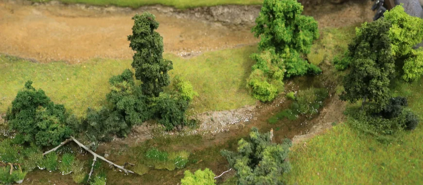 floodplain model: inundated oxbow woth trees and bushes