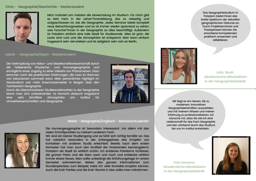 Poster "GEOsichter" mit kurzen Zitaten von Studierenden zum Geographiestudium an der Universität Potsdam