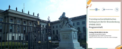 Links Gebäude der Humboldt-Universität zu Berlin, recht Flyer der Veranstaltung