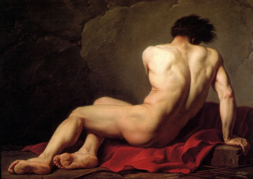 Bild des Partoclus von Jaques-Louis David, nackter Mann von hinten auf einem roten Tuch