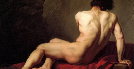 Bild des Partoclus von Jaques-Louis David, nackter Mann von hinten auf einem roten Tuch