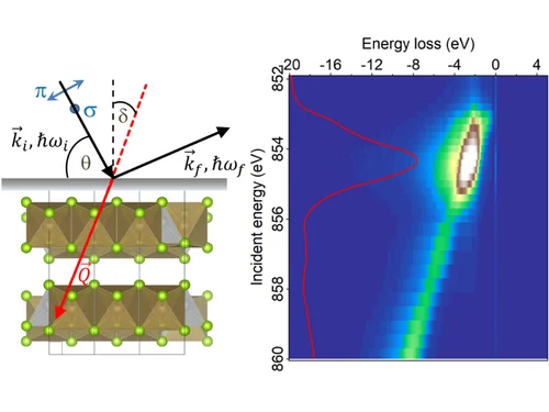Schematic of a resonant inelastic x-ray scattering (RIXS) experiment on Ta2NiSe5 and the recorded energy loss spectra