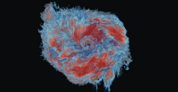 Numerical simulation of the resulting ejecta material of two merging neutron stars. Red colors refer to ejected material with a high fraction of neutrons which will appear typically redder than blue material that contains a higher fraction of protons.